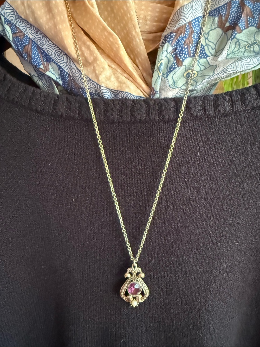 Vintage Avon Purple Stone Ornate Pendant Necklace Victorian Revival
